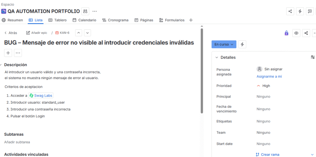 Bug reportado en Jira encontrado durante testing exploratorio con prioridad High por QA Engineer