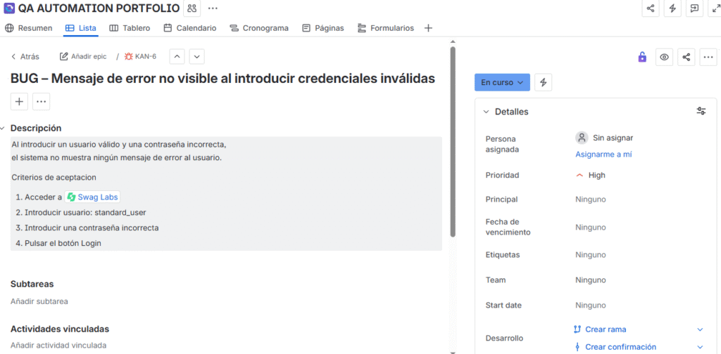 Tipos de bugs clasificados por severidad y prioridad en tablero Jira de QA Engineer