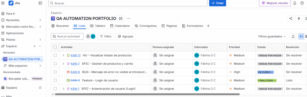 Ejemplo de bug reportado en Jira por QA Tester