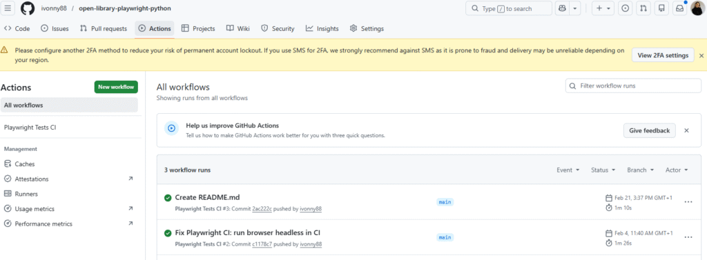 GitHub Actions con Playwright Tests CI ejecutándose en verde en proyecto real de QA Automation