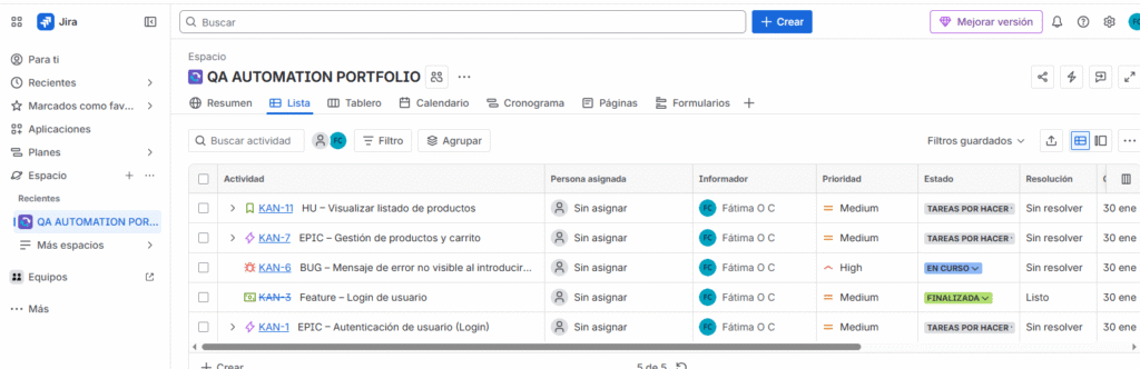 Tablero Jira con historias de usuario bugs y epics en diferentes estados para gestión de pruebas UAT